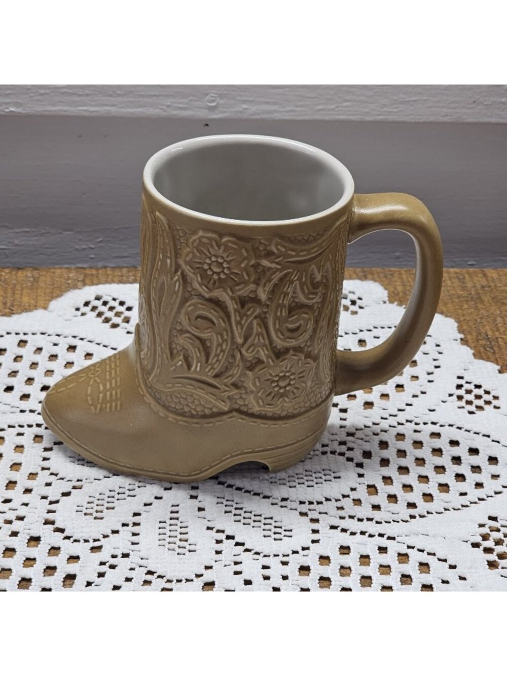 Vintage Ceramarte Western Cowboy Boot Mug Handle Tan/Camel Made in Brazil Floral